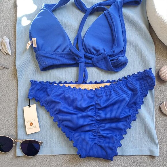 Shade & Shore Blue Bikini Set – Size M – Ruched Bottom, Ruffle Trim, NWT - Picture 3 of 4